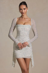 Embellished Draped Cowl-Neck Mini Dress in White