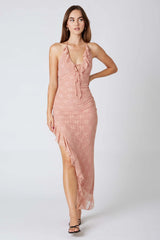 Lace Halter Asymmetrical Midi Dress