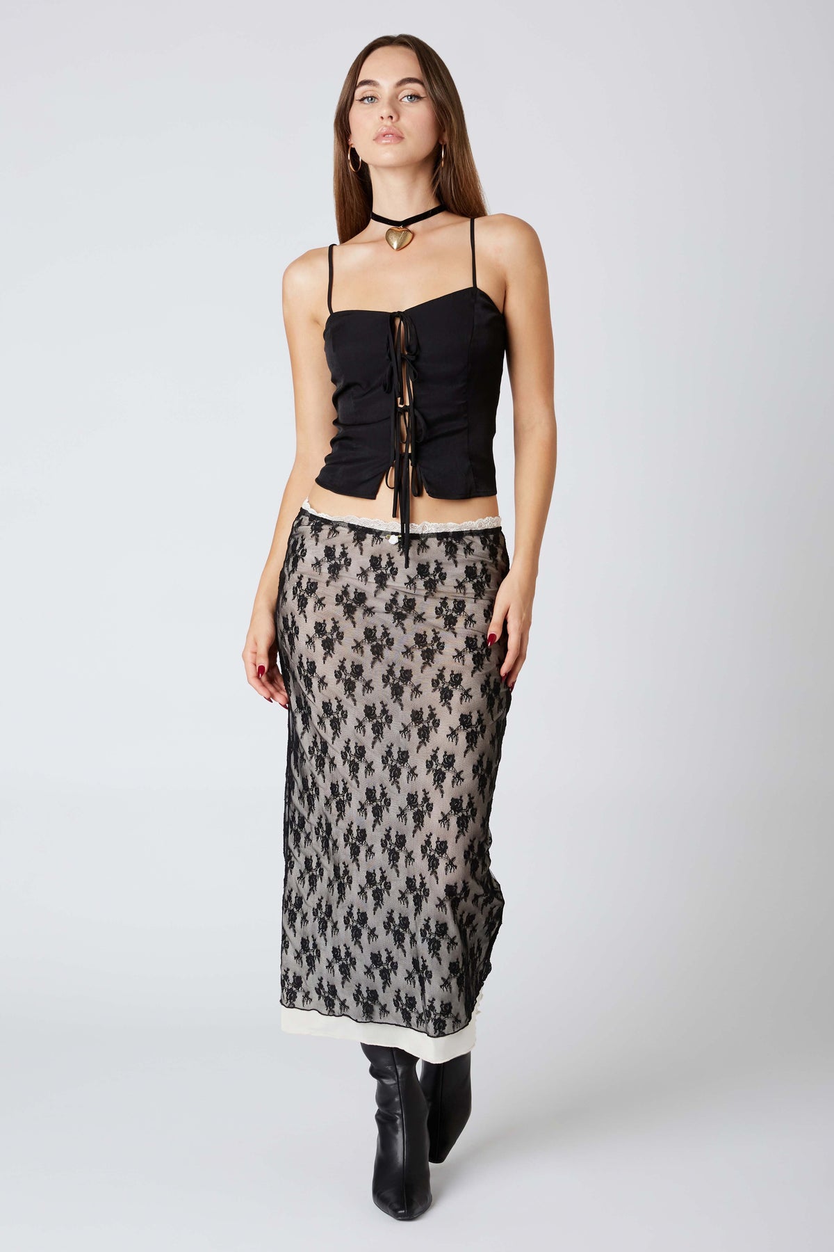 Lace Overlay Midi Skirt