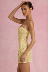 Sheer Embellished Square-Neck Mini Dress in Yellow