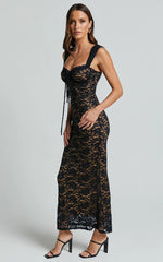 Collette Midi Dress - Ruched Bust Wide Strap Detail Lace Midi Dress in Black