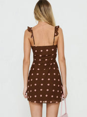 Lozie Frill V Neck Mini Dress Brown Polka Dot