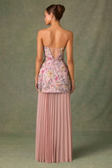 Embellished Convertible Lace-Up Gown in Floral Pink