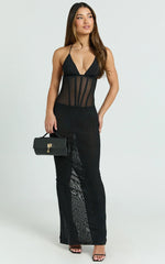 Roselyn Maxi Dress - Halter Neck Corset Waist Column Dress in Black
