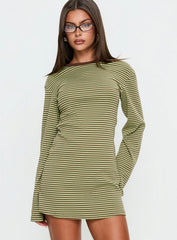 Lulolah Long Sleeve Mini Dress Green / Chocolate Stripe