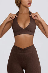Brushed Jersey V-Neck Sports Bra in Pecan Marl