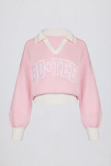 Cotton Jersey Oversized V-Neck Jumper in Powder Pink