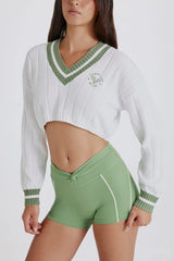 Cable Knit Cotton Cropped Jumper in Green Ivory