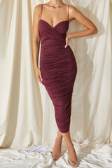 Long Shot Ruched Bodycon Midi Dress in Burgundy