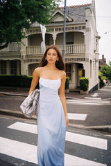 Pre-order: Frill Backless Maxi Dress | Baby Blue Satin