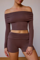 Sheer Off-Shoulder Long-Sleeve Top in Taupe Brown