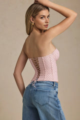 Kateproms Lace-Up Strapless Corset Top in Pink Polka Dot