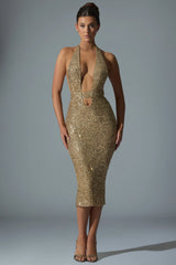 Embellished Cut-Out Open-Back Midaxi Dress in Gold