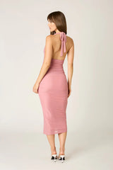 Ruched Mesh Midi Dress
