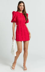 Laila Mini Linen Blend Dress - High Neck Side Cut Out Puff Sleeve Straight Dress in Red