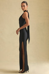 Kateproms Asymmetric Scarf-Detail Maxi Dress in Black
