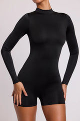 High Neck Long Sleeve Romper in Black