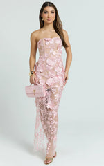 Sienna Maxi Dress - 3D Floral Strapless Column Dress in Pink