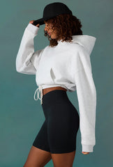 Cropped Drawstring Hooded Sweatshirt in Ice Grey