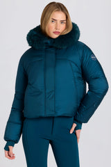 Waterproof Faux-Fur Hood Cropped Ski Jacket in Teal