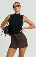 Priscilla Mini Skirt - Mid Waist Faux Suede Skirt in Dark Chocolate