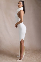 Ribbed-Knit Turtleneck Backless Maxi Dress in Ivory