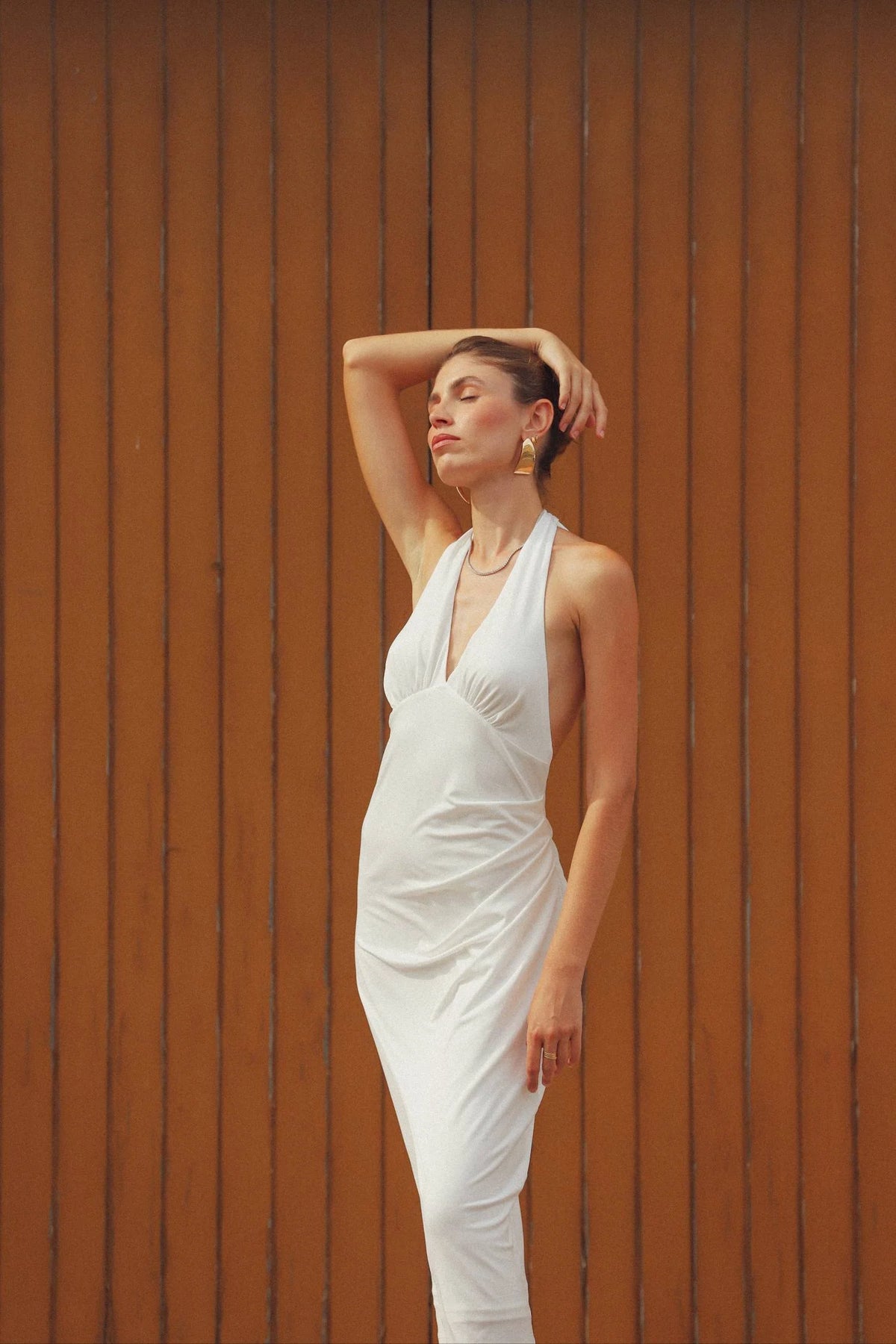 Pleated Backless Halter Dress | White