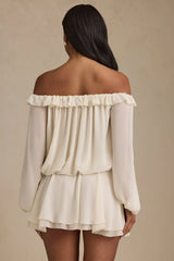 Off-Shoulder Asymmetric Balloon-Sleeve Mini Dress in Ivory