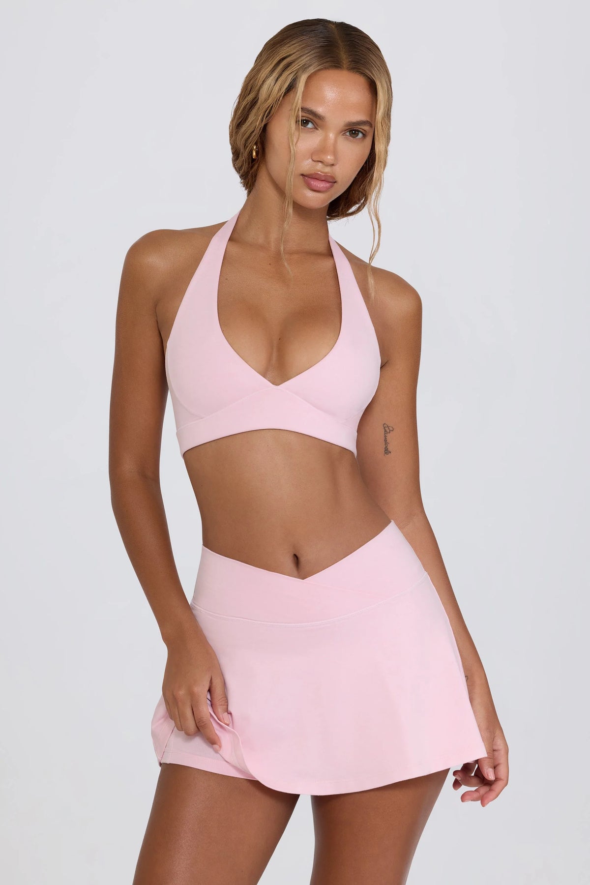 Brushed Jersey Crossover Mini Skort in Pale Pink Marl