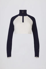 Ribbed Knit Quarter-Zip Cropped Jumper in Classic Navy