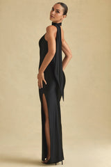 Kateproms Asymmetric Scarf-Detail Maxi Dress in Black