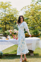 Divia Lace Floral Midi Dress in Blue