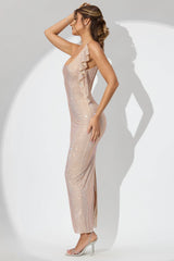 Embellished Draped Ruffle Maxi Dress in Champagne
