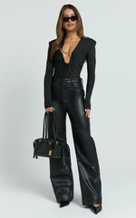 Giselle Bodysuit - Jersey Long Sleeve Deep U Gathered Neck Bodysuit in Black