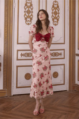 Rose Lace Floral Midi Dress in Pink