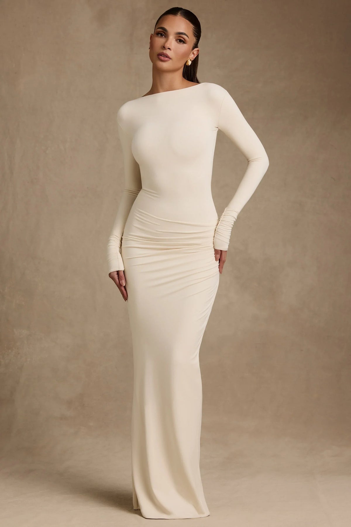 Modal Ruched Backless Maxi Dress in Ivory