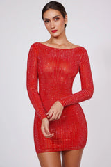 Embellished High Neck Cowl Back Mini Dress in Fire Red