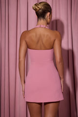 Heart-Detail Halterneck A-Line Mini Dress in Dusty Pink
