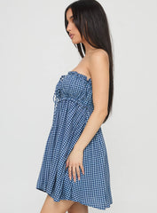 Held My Breath Strapless Babydoll Mini Dress Blue Gingham