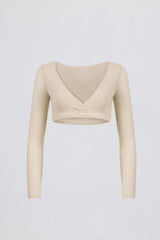 Brushed Jersey V-Neck Crop Top in Ecru