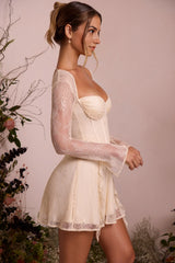 Kateproms Long Sleeve Lace Corset Mini Dress in Ivory