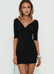 Daily Define Off Shoulder V Neck Mini Dress Black