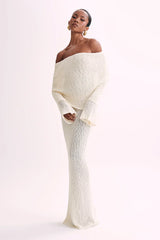 Off-Shoulder Ribbed Bouclé Maxi Dress with Flared Sleeves