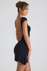 Modal Asymmetric Lace-Up A-Line Mini Dress in Black