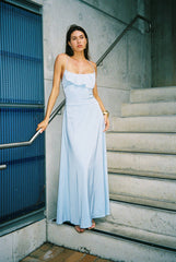 Pre-order: Frill Backless Maxi Dress | Baby Blue Satin