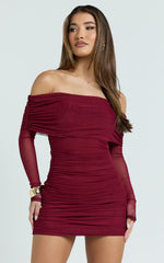 Clyde Mini Dress - Mesh Off Shoulder Ruched Bodycon Dress in Wine