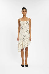 Asymmetric Frill Midi Dress | Ivory Polka