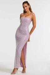 Embellished Square Neck Evening Gown in Lilac