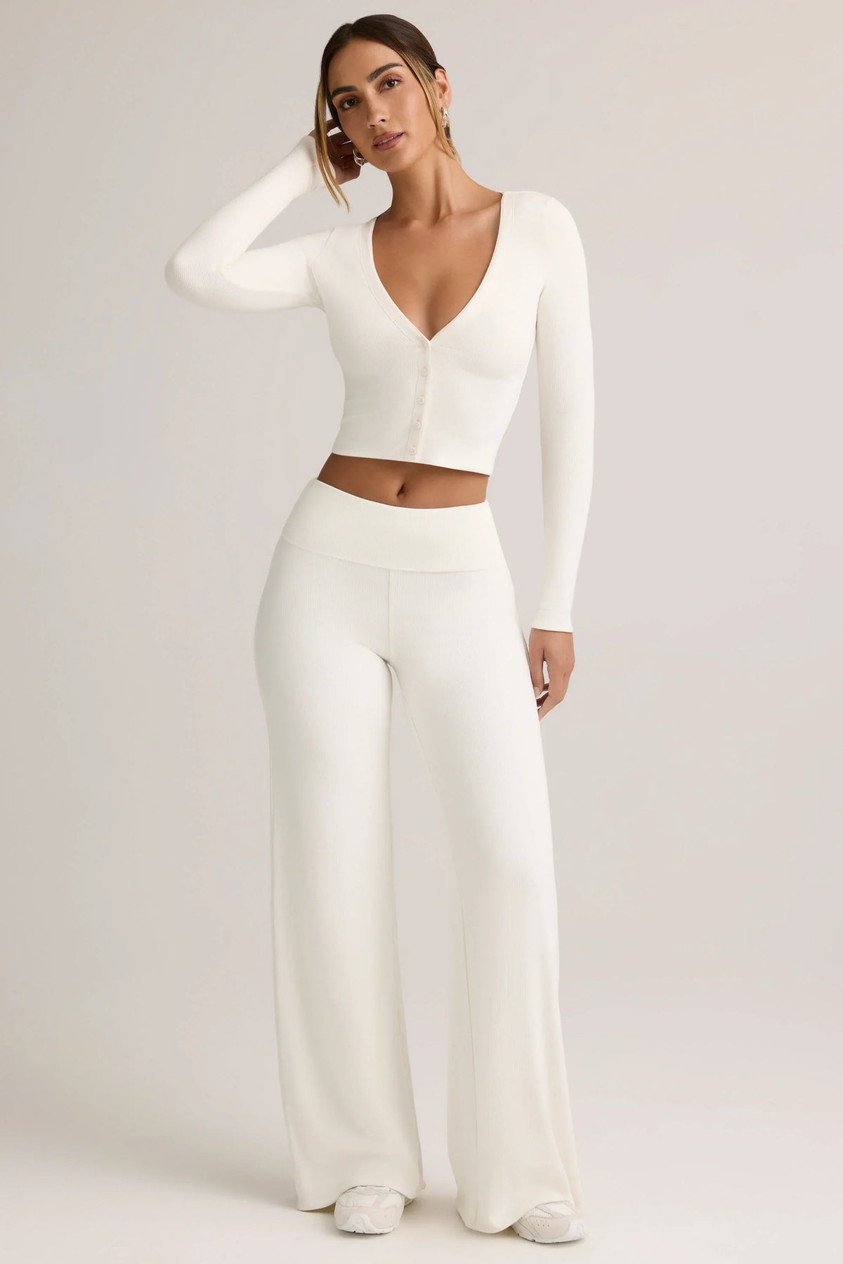 Modal Ribbed Foldover Wide-Leg Trousers in White