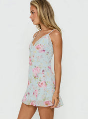 Sandia Lace Trim Mini Dress Blue Floral
